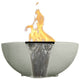 Concrete gas and water fire bowl with cascading water and flames, pale green-gray