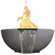Concrete gas and water fire bowl with cascading water and flames, dark gray