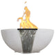 Concrete gas and water fire bowl with cascading water and flames, off-white