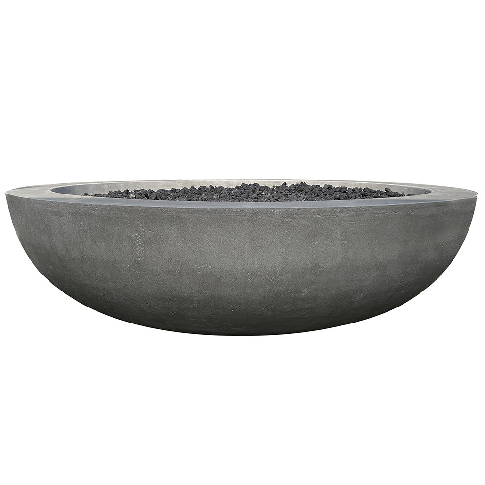 Concrete gas fire pit bowl in light gray with black burner opening and lava rocks