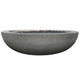Concrete gas fire pit bowl in light gray with black burner opening and lava rocks