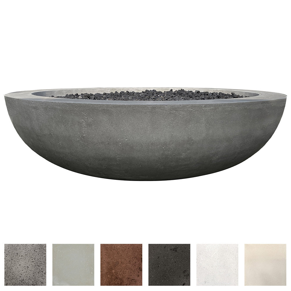 70-inch concrete gas fire pit bowl in dark gray with black burner opening and rocks