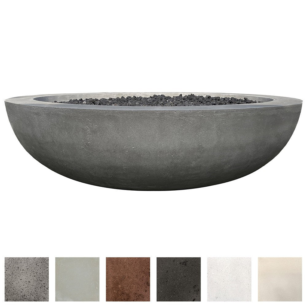 Round concrete gas fire pit bowl with textured gray surface and black burner insert opening