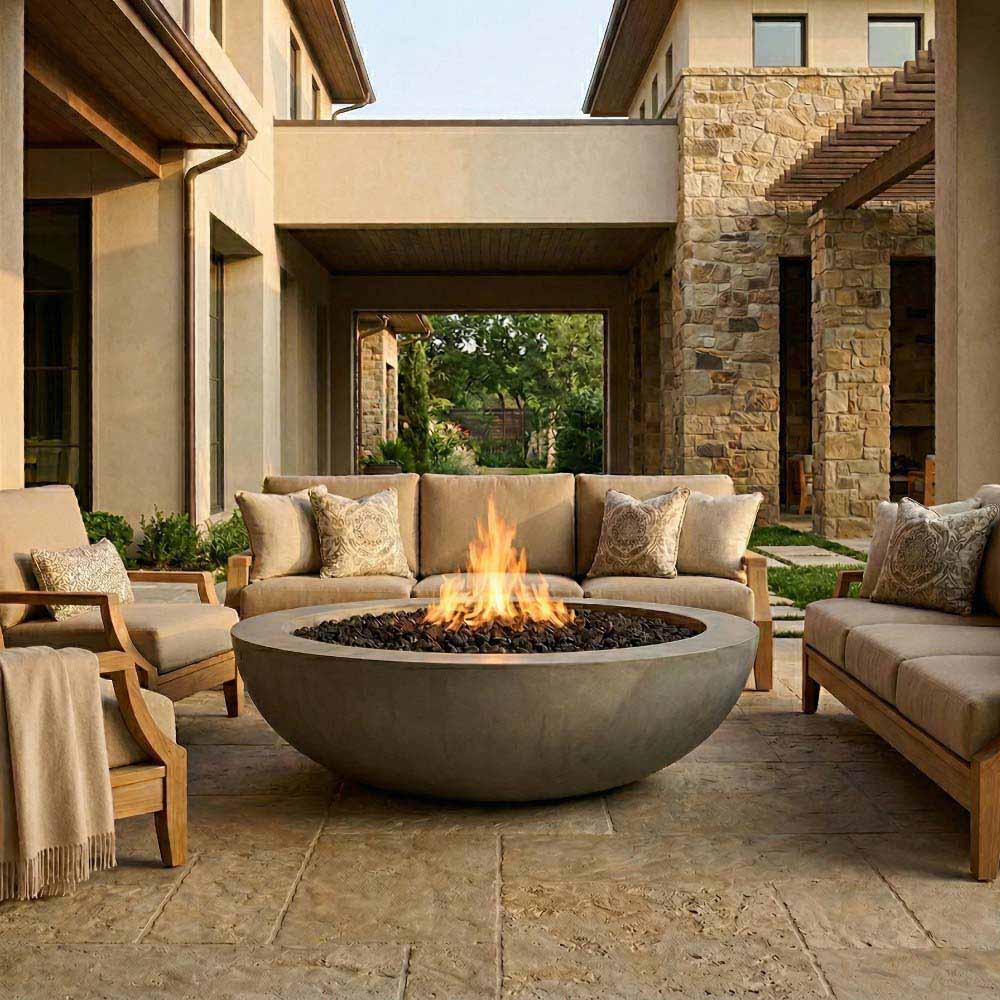 70-inch concrete gas fire pit with round dark-gray bowl and visible flame in center