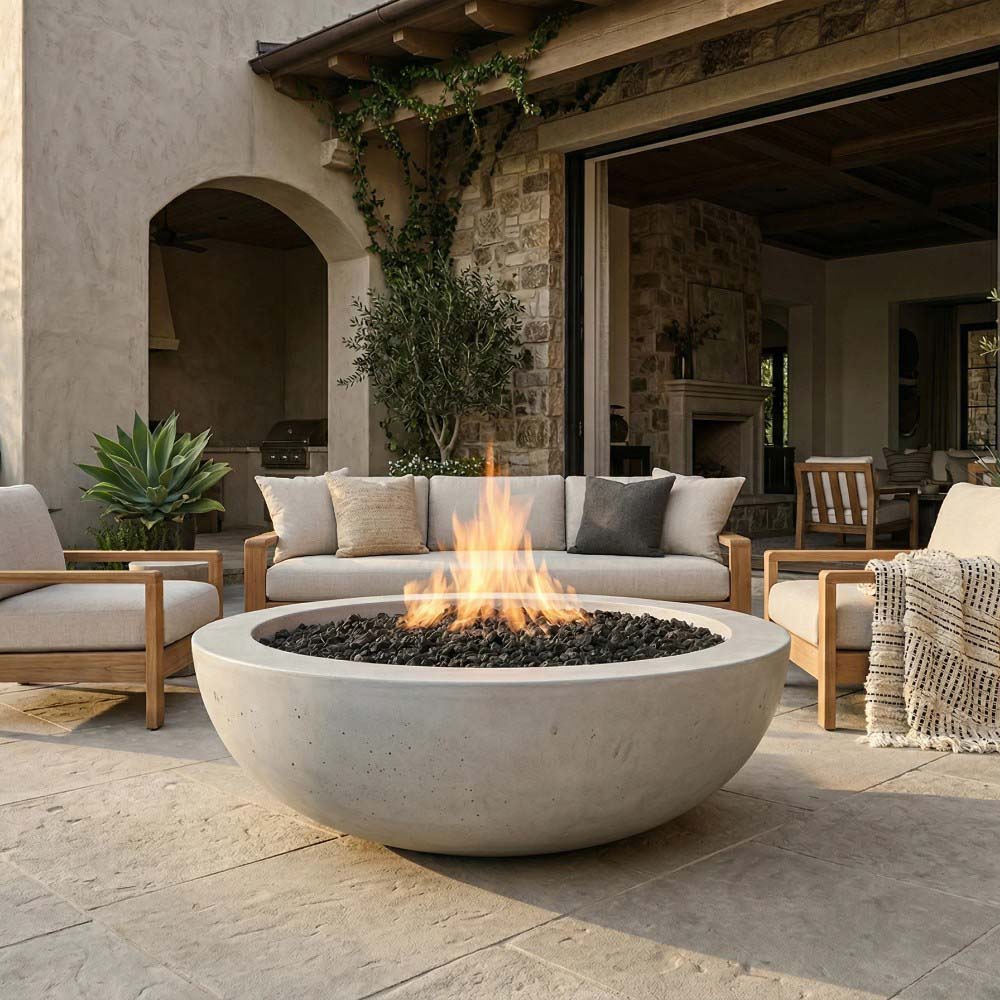 70-inch concrete gas fire pit with round light-gray bowl and flame, surrounded by patio seating