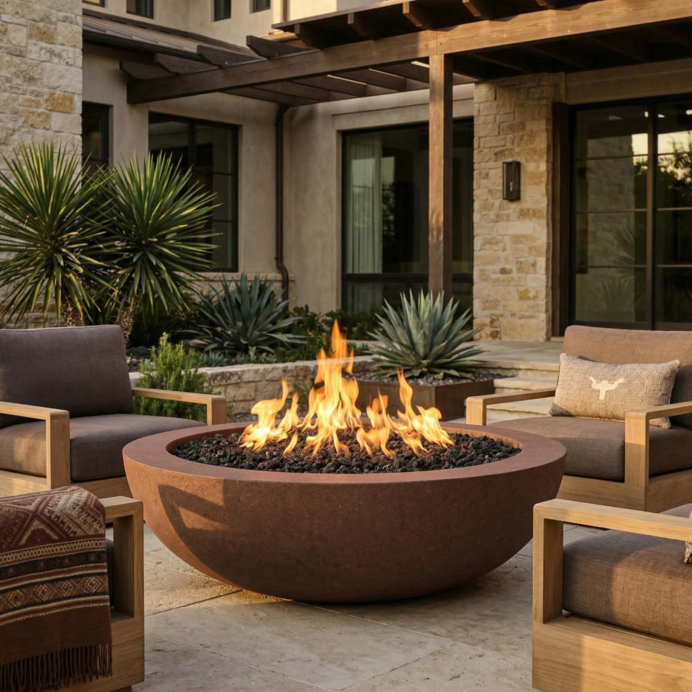 70-inch concrete gas fire pit with round brown bowl and flames over black burner rocks