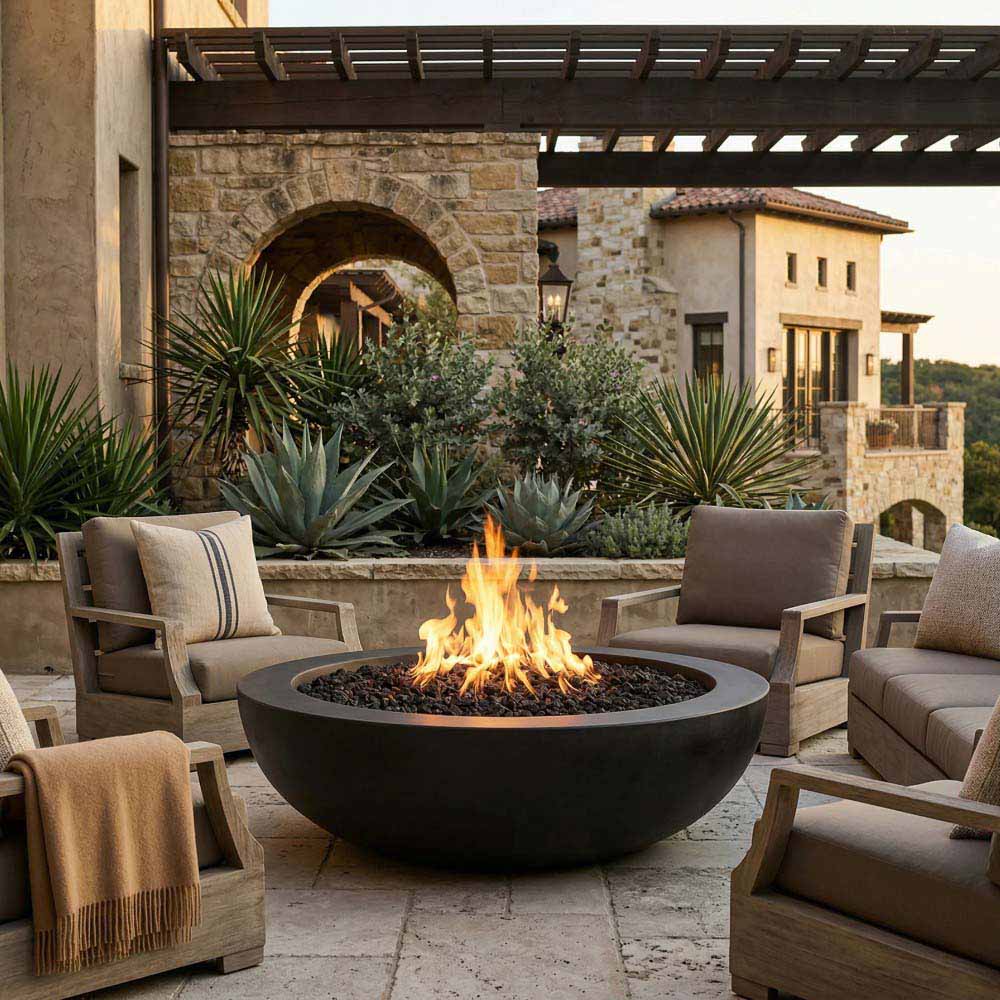 70-inch concrete gas fire pit with round dark bowl and flame, set in outdoor seating area