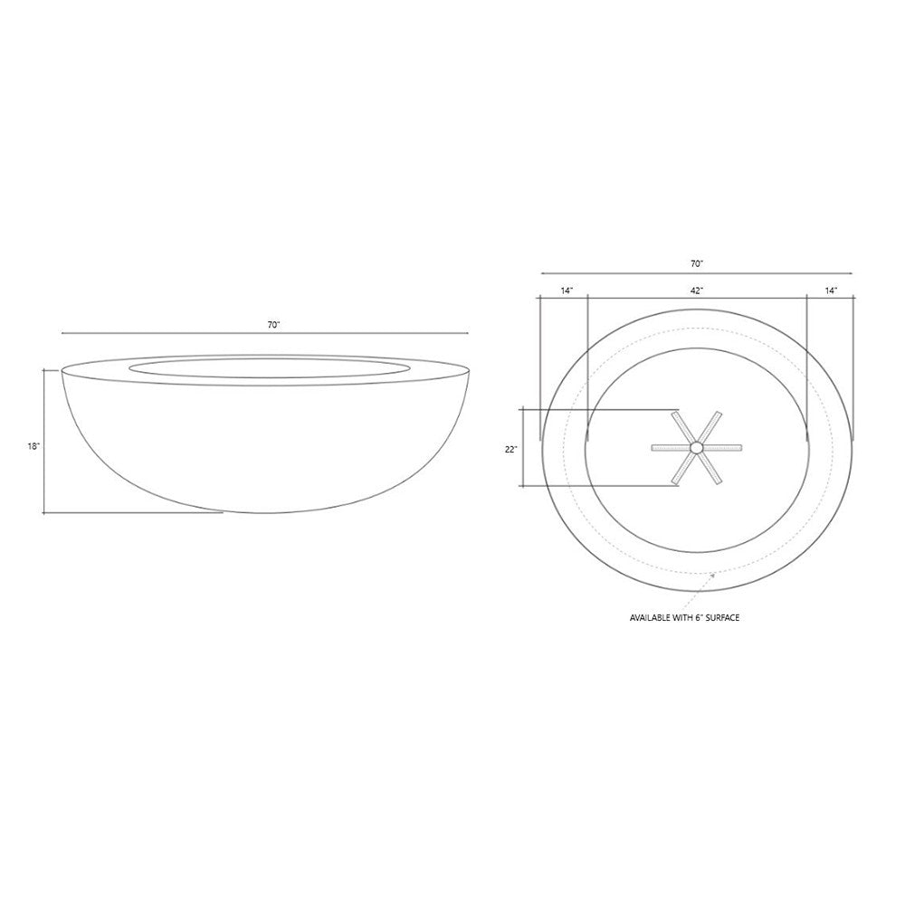 Technical line drawing of round 70-inch concrete gas fire pit with burner cross-section