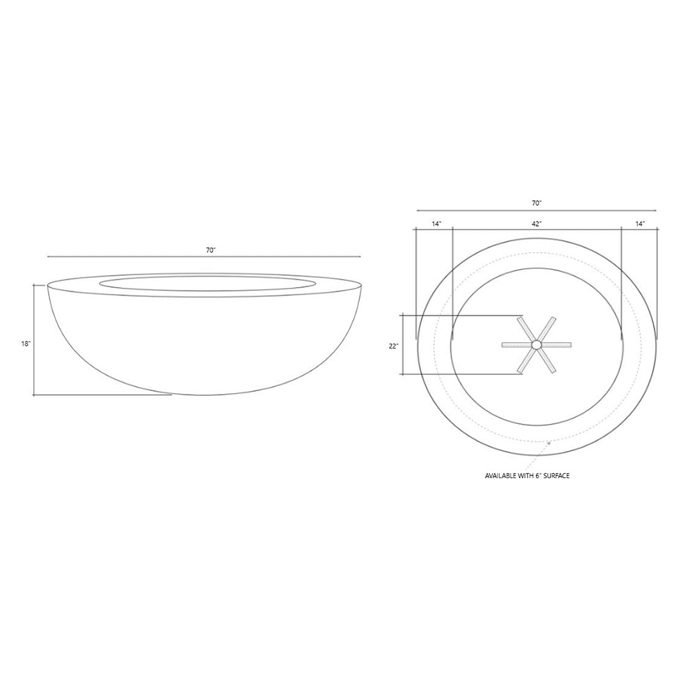 Concrete gas fire pit layout diagram with top and side dimensions and burner center