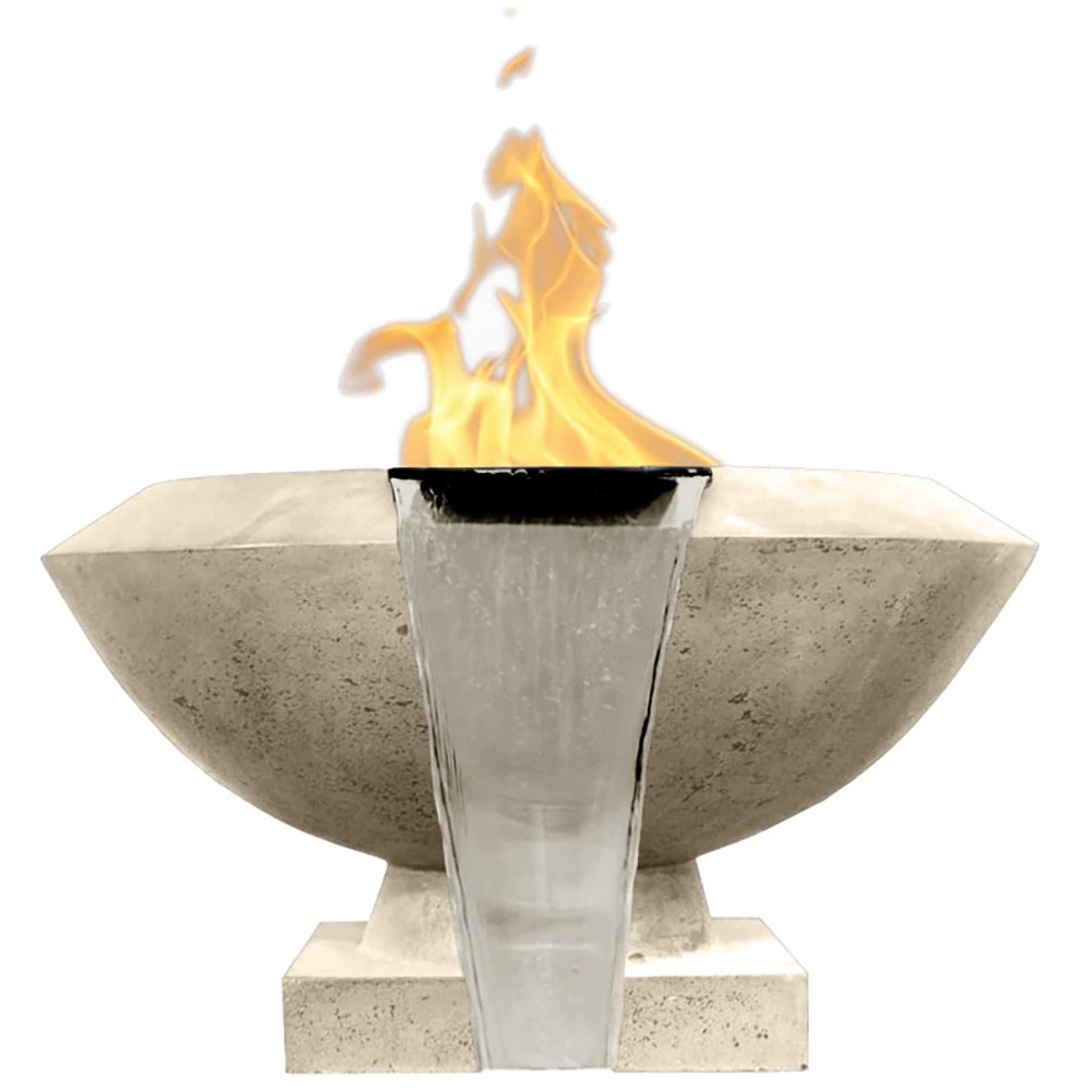 Concrete gas and water bowl with metal burner column and flames, natural stone finish