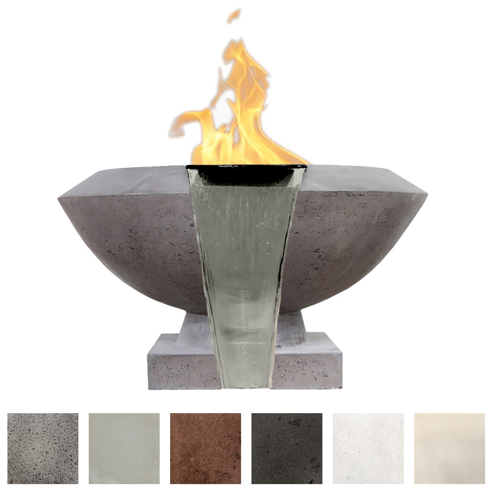 Concrete gas and water bowl with rectangular steel burner and visible flames