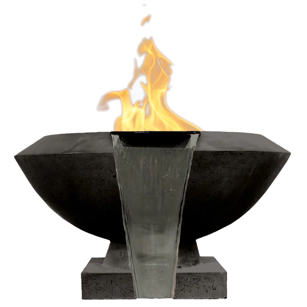 Concrete gas and water bowl with metal burner column and flames, ebony dark finish