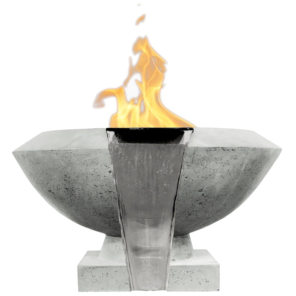 Concrete gas and water bowl with metal burner column and flames, light gray finish