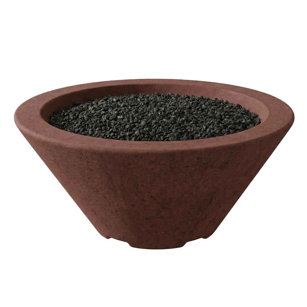 Brown concrete gas fire bowl with black lava rock, round opening and tapered design