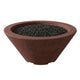 Brown concrete gas fire bowl with black lava rock, round opening and tapered design
