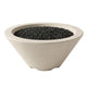 White concrete gas fire bowl with black lava rock, round opening and tapered sides