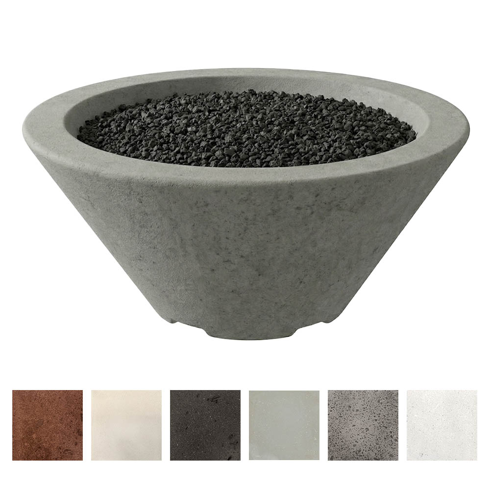 Light gray concrete gas fire bowl with black lava rock, round top and tapered shape
