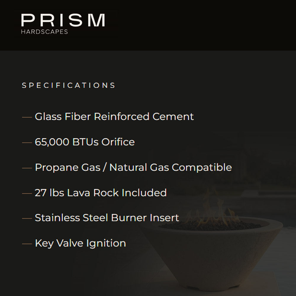 Fire pit specifications list showing key features for propane gas use