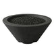 Dark gray concrete gas fire bowl with black lava rock, round top and flared sides
