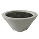Light gray concrete gas fire bowl with black lava rock, smooth round opening