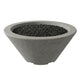 Concrete gas fire bowl with dark fire media, round tapered design, gray finish