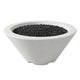 Concrete gas fire bowl with dark fire media, round tapered design, light gray finish