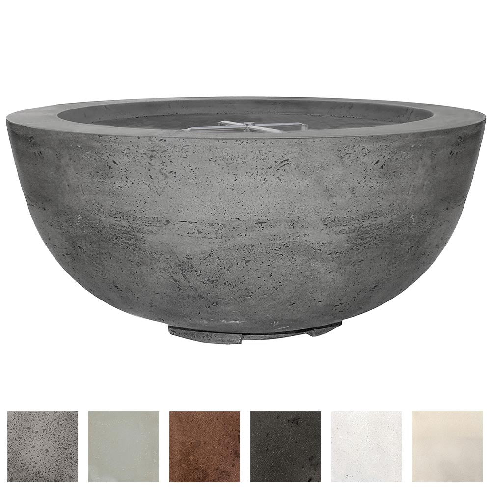 Gray concrete fire pit bowl with recessed burner opening and smooth rounded sides