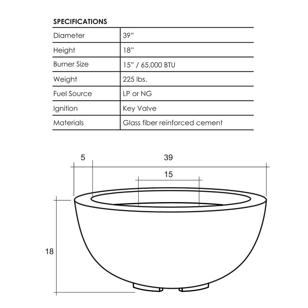 Technical line drawing of concrete gas fire pit with top view and height dimensions