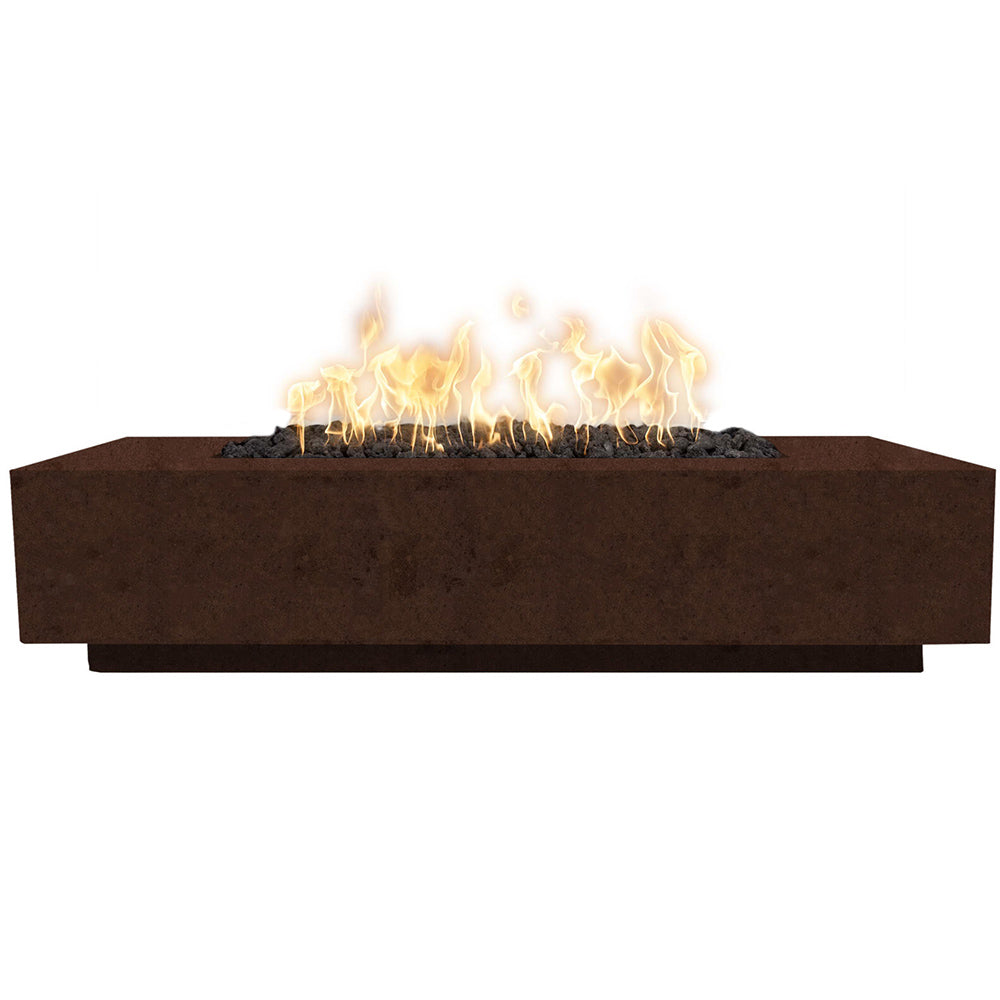 Rectangular concrete gas fire pit with flames, dark burner stones