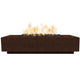 Rectangular concrete gas fire pit with flames, dark burner stones