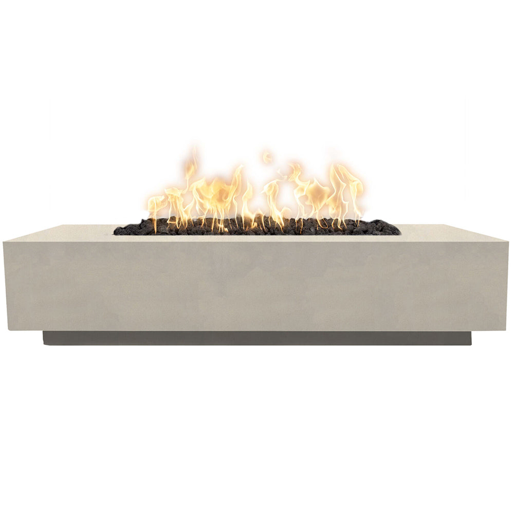 Rectangular concrete gas fire pit with flames, light concrete body