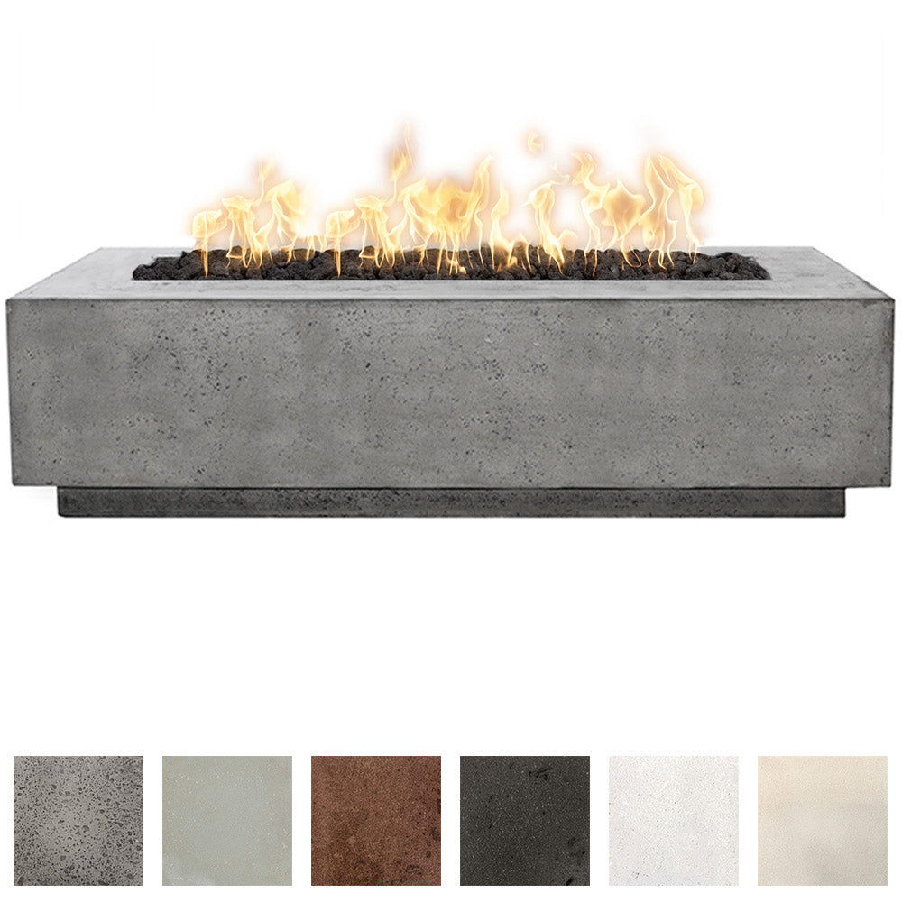 Narrow rectangular concrete gas fire pit with flames and dark lava rocks