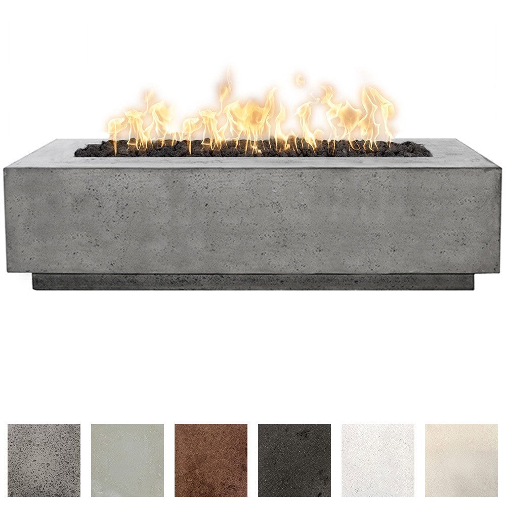 Rectangular concrete gas fire pit with flames, front view; dark gray finish