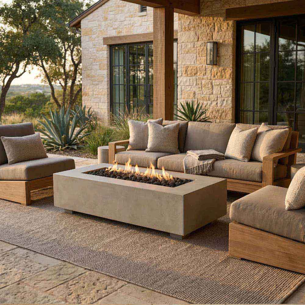 Narrow rectangular concrete gas fire pit with flames on an outdoor patio