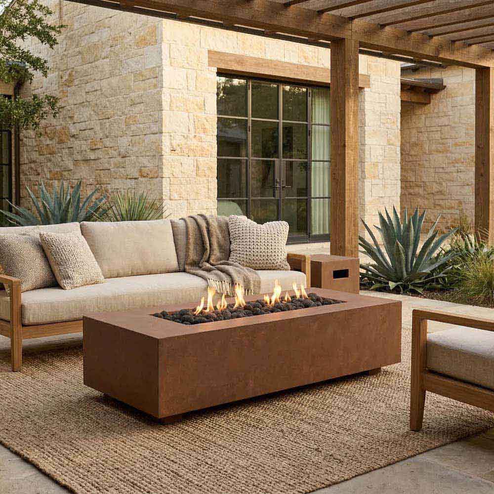 Narrow rectangular concrete gas fire pit with flames, viewed from the side
