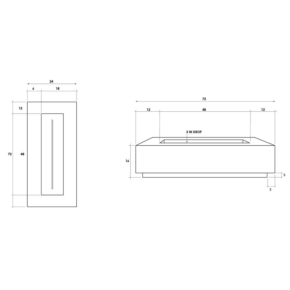 Rectangular concrete gas fire pit cutaway with dimensions and burner opening
