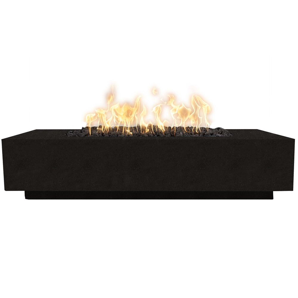 Rectangular concrete gas fire pit with flames, black finish