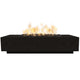 Rectangular concrete gas fire pit with flames, black finish