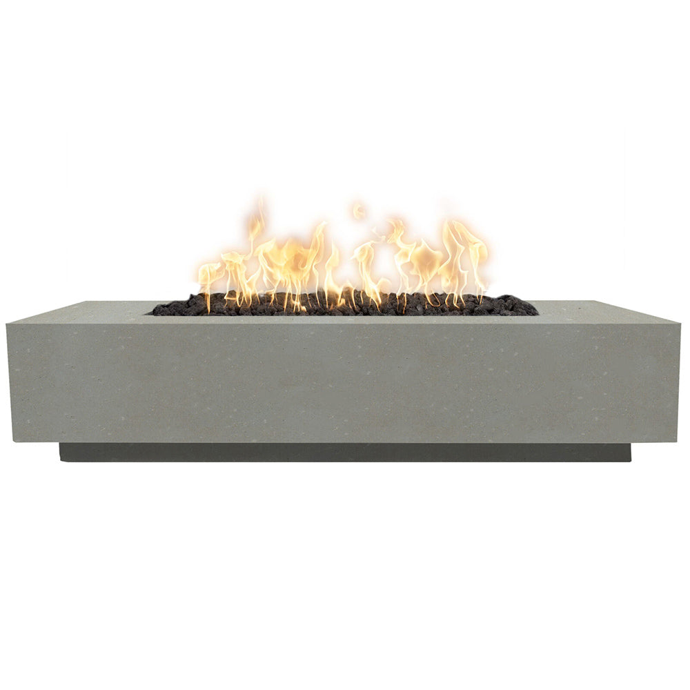 Rectangular concrete gas fire pit with flames over dark lava rocks