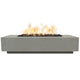 Rectangular concrete gas fire pit with flames over dark lava rocks