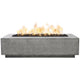 Narrow concrete gas fire pit with open flame and dark burner tray, rectangular body