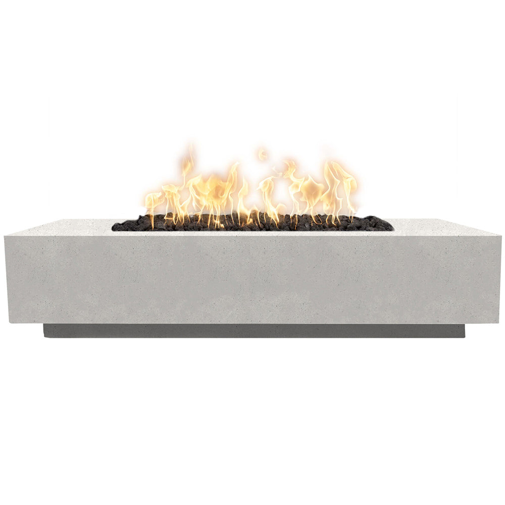 Rectangular concrete gas fire pit with visible flame and dark burner, low base profile
