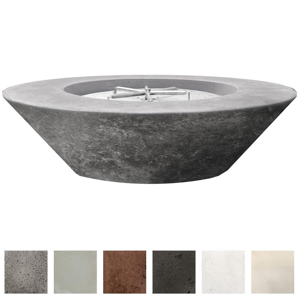 Round concrete gas fire pit bowl with open burner and cross-shaped ignition grate