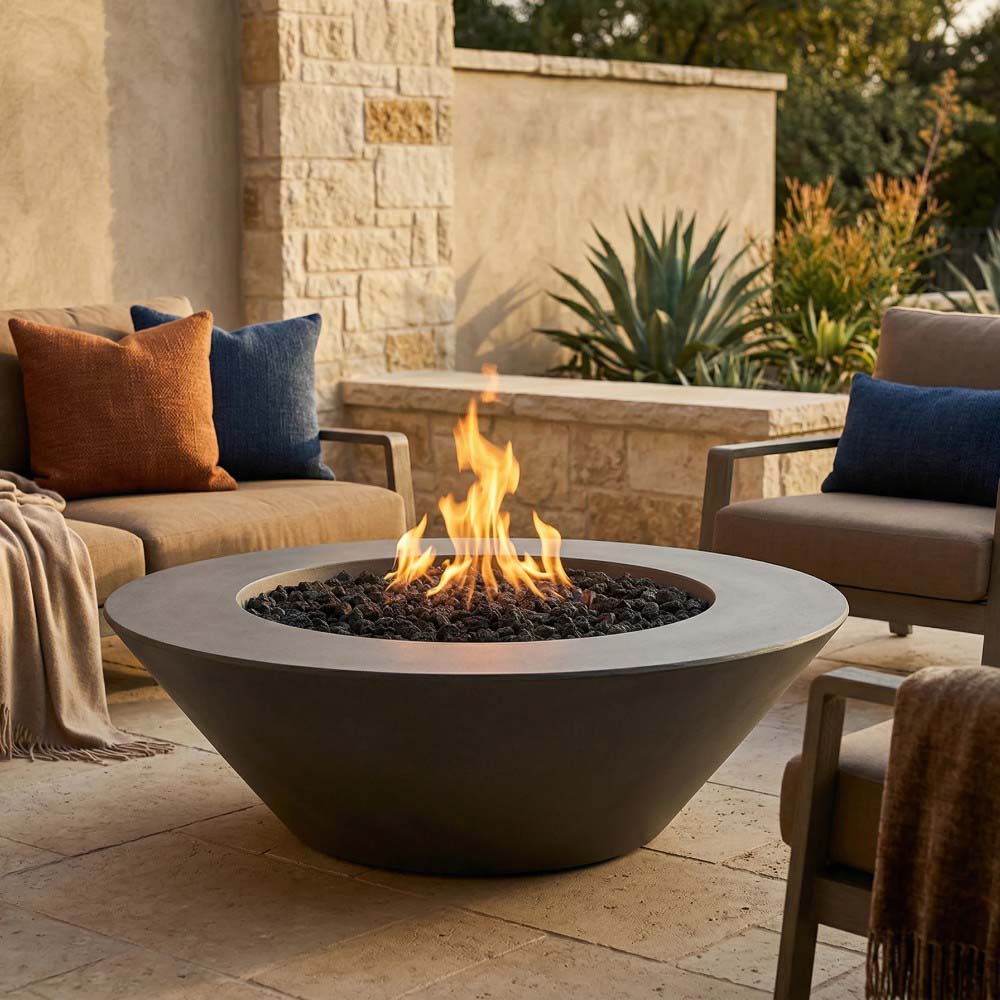 Gray round concrete gas fire pit with flames and black lava rocks