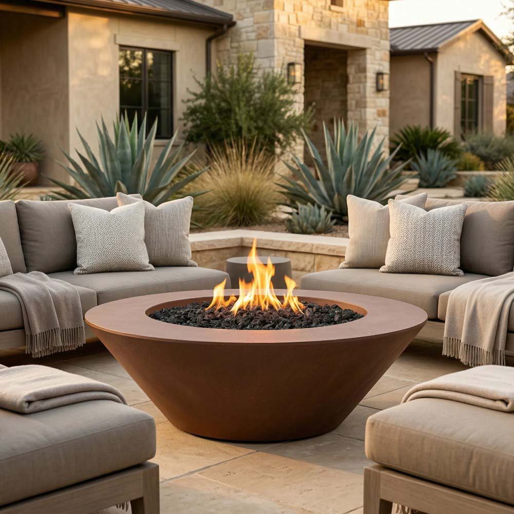 Round concrete gas fire pit with flame showing through black lava rock burner bed