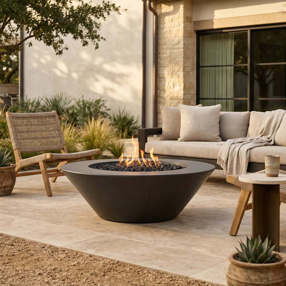 Round concrete gas fire pit with flames and black lava rocks in the center
