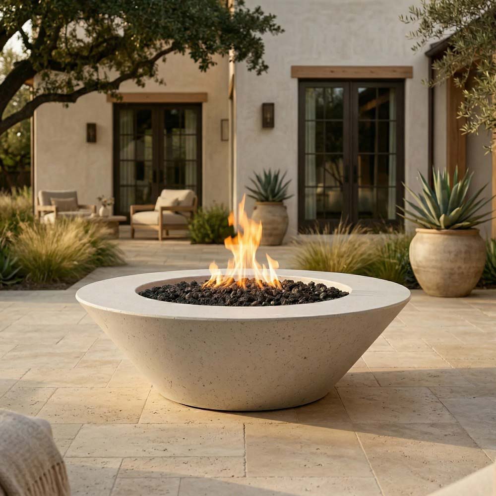 Light concrete gas fire pit bowl with flames and black burner stones, round opening