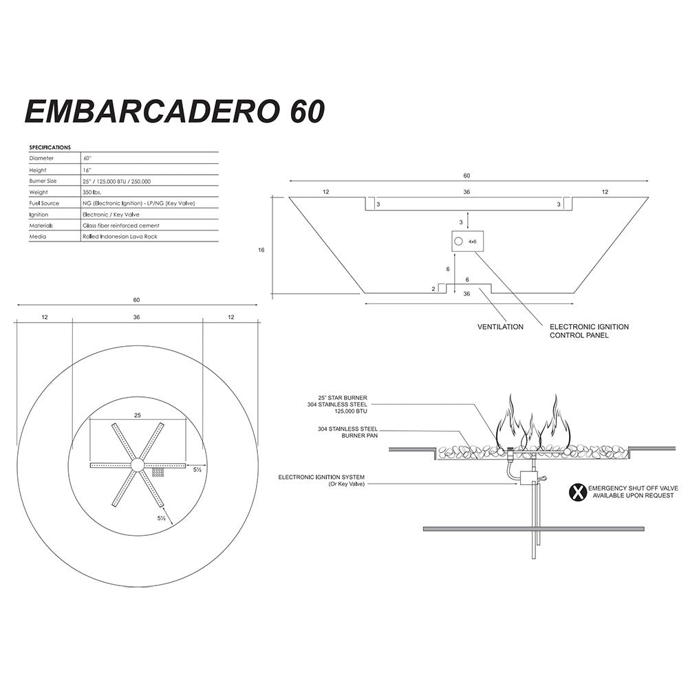 Embarcadero 60 gas fire pit technical diagram with ventilation and ignition labels
