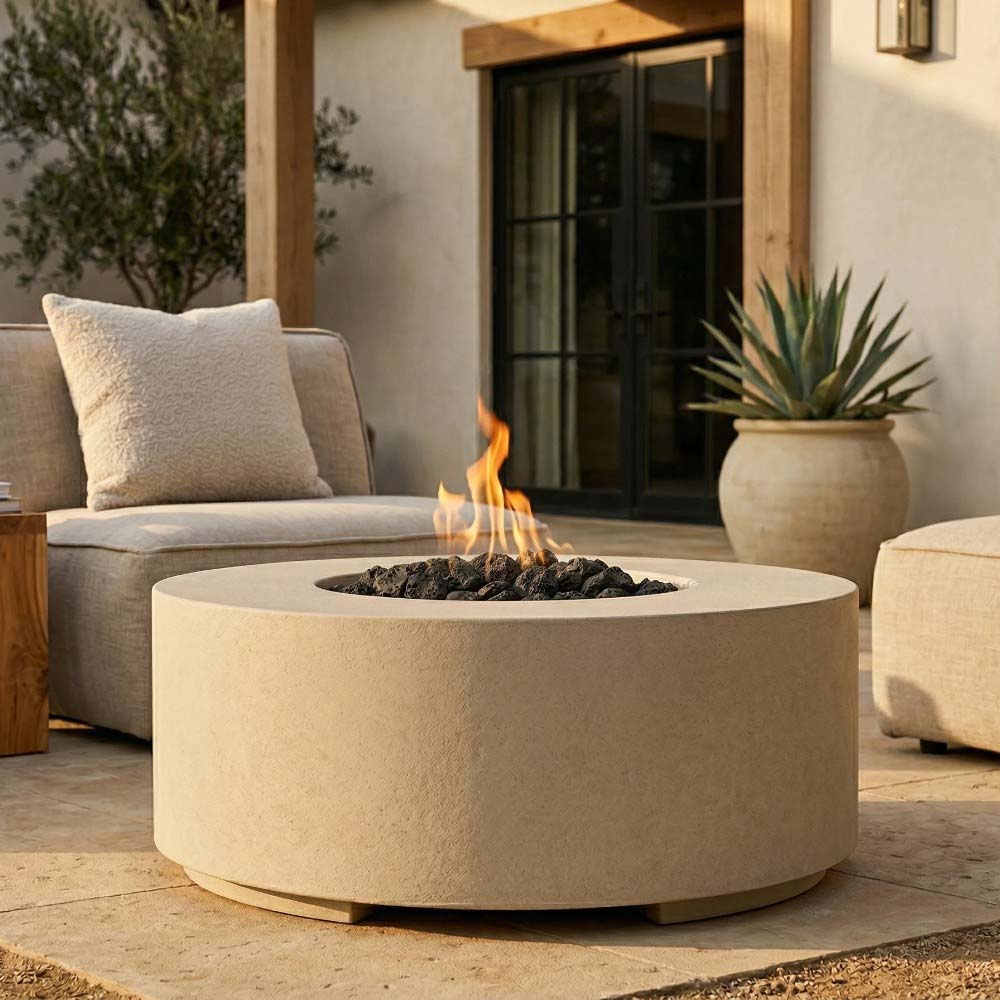 Round concrete gas fire pit, light cream bowl with small flame