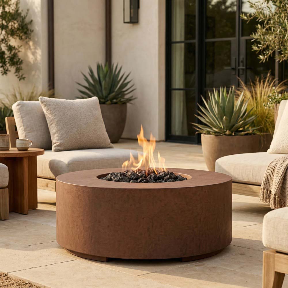 Round concrete gas fire pit with flame, warm tan round bowl